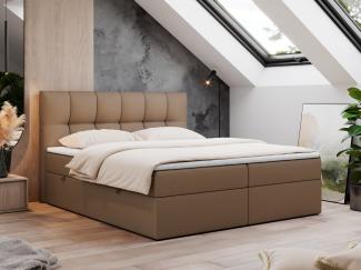 Boxspringbett mit Kopfteil und Topper, Doppelbett - RICO - 160x200cm - Braun Kunstleder - H3