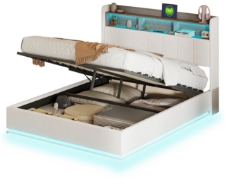 FUROKOY Polsterbett Boxspringbett Doppelbett LED Licht, 160x200 cm,mit Stauraumkopfteil und 2 USB Ladefunktion,Samt,Weiß