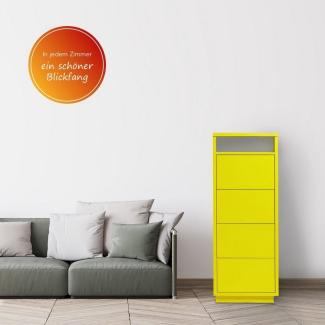 Kommode mit 4 Schubkästen, Klapp-Deckel & Dokumenten-Ablage mit Glasfenster - Schubladen-Turm - Push-To-Open Sideboard Gelb