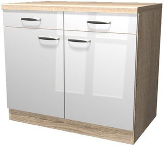 Flex-Well Unterschrank Küchenunterschrank - 100 cm breit - Hochglanz Weiß Sonoma Eiche