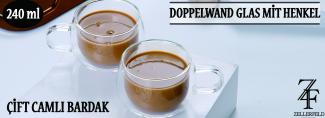 2er Set Doppelwand Glas mit Henkel für Kaffee Tee Gläser-Set 240 ml transparent