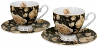 DUO GOLDEN LINE 2er Set Tassen mit Untertassen 220 ml ENGLISH ROSES BLACK, New Bone China Porzellan