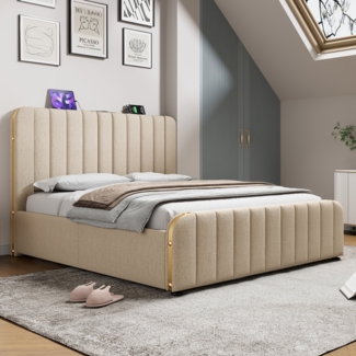 Polsterbett 180x200 cm mit USB-Typ-C-Ladefunktion, hydraulischem Stauraum & Metallstreifen, Leinen Beige