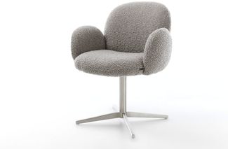 Drehstuhl Nube-Flex mit Armlehnen Bouclé Silbergrau Fußkreuz Edelstahl 360° drehbar Taschenfederkern