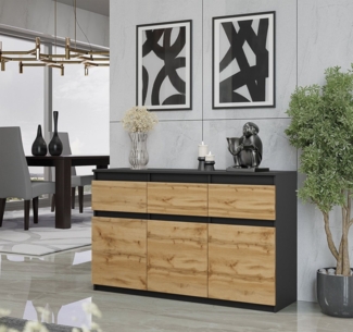 Furnica Sideboard NOAH, 3 Schubladen und 3 Türen - Anthrazit/Wotan Eiche H75cm B120cm