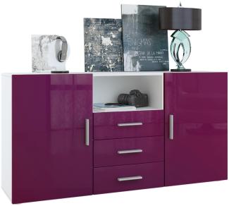 Vladon Sideboard Skadu, Kommode mit 2 Türen, 3 Schubladen und 1 offenem Fach, Weiß matt/Brombeer Hochglanz (138,5 x 71,5 x 35 cm)