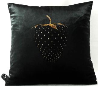 Casa Padrino Luxus Deko Kissen Strawberry mit Bling Bling Glitzersteinen Schwarz / Gold 45 x 45 cm - Feinster Samtstoff - Luxus Deko Accessoires