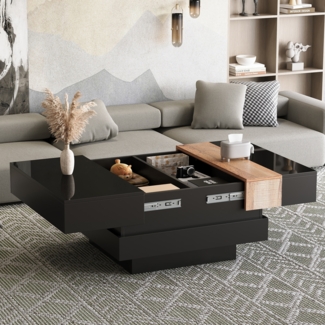 Couchtisch quadratisch 70x70 cm ausziehbare Tischplatte schwarz Holz Optik Stauraum