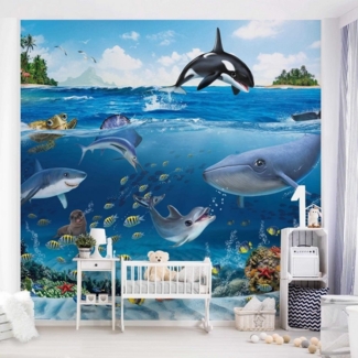 Bilderdepot24 Kindertapete Kinderzimmer Unterwasserwelt Tiere Fische Wanddeko Wal Hai Delphin, Glatt, Matt, (Vliestapete inkl. Kleister oder selbstklebend), Mädchenzimmer Jungenzimmer Babyzimmer Bildtapete Fototapete Wandtapete