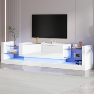 Merax 181 cm Hochglanz-TV-Schrank mit LED-Beleuchtung, Für Fernseher bis 80 Zoll, Glasfront, zwei klappbare Schubladen, Weiß