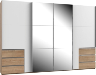 Schwebetürenschrank LEVEL 36 A, 350/236, mit Spiegel/Schubladen, Weiß/Plankeneiche
