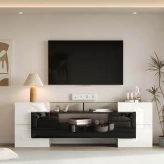 Stilvoller TV-Schrank, niedriges Panel. Hochglanz-Wei? und Schwarz, 200 cm, LED-Beleuchtung, Wohnzimmerm?bel. Modernes Design. Elegante Glasoberfl?che.
