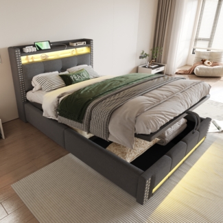 Merax Polsterbett Kinderbett 90x200cm mit LED-Beleuchtung und USB-Steckdose, Kopfteil mit Einlegeböden und Stauraum, Mit Hydraulik für die Lagerung, Einzelbett, Leinen Grau