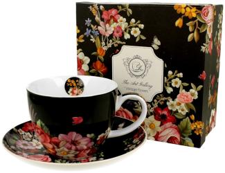 DUO FLORAL Jumbobecher 470 ml VINTAGE FLOWERS BLACK mit Untertasse, New Bone China Porzellan