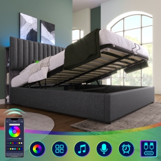 Polsterbett 160x200 cm mit LED Kopfteil,USB & Typ-C Ladefunktion,Stauraum & Gasdruckfeder,Grau