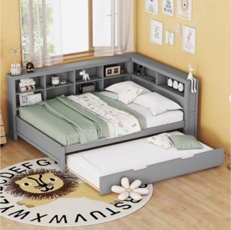 REDOM Stauraumbett Multifunktionales Schlafsofa Daybett Tagesbett Kinderbett (140x200 cm aus Massivholz, Ausziehbett 90x190 cm, USB-Steckdose und Stauraum, modernes Doppelbett in Grau für Gäste und kleine Wohnungen), ohne Matratze