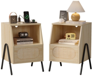 VINGLI Nachttisch mit Ladefunktion, Rattan Beistelltisch mit Schublade, 44 x 40 x 60 cm (2-St)
