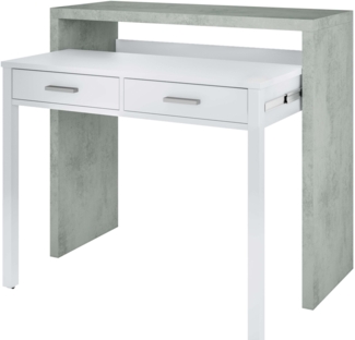 Ausziehbarer Konsolenschreibtisch mit zwei Schubladen, Betonfarbe und Deckweiß, Maße 98 x 87 x 36 cm (ausziehbar bis 66 cm)