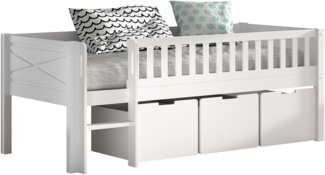 Kinderbett >Scott< Rollrost, 3 Schübe, 90x200 cm, Weiß, Massivholz - 208 x 83 x 105 cm (BxHxT)