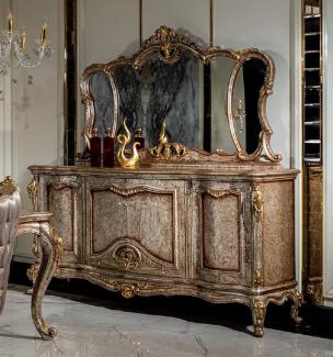 Casa Padrino Luxus Barock Möbel Set Antik Silber / Braun / Gold - 1 Sideboard mit 4 Türen & 1 Spiegel - Handgefertigte Möbel im Barockstil