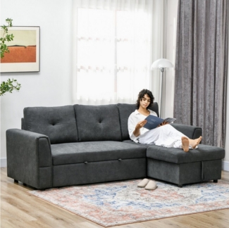 HOMCOM Ecksofa 3 Sitzer Couch mit Stauraum, Chaiselongue, Leinenoptik, Schlafsofa 1 Teile, Polstersofa für Wohnzimmer, Dunkelgrau