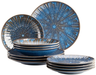 Aufregend lasiertes Teller Set fr 4 Personen mit Speiseteller, Suppenteller und Dessertteller, 12-teiliges Tafelservice aus hochwertiger Keramik; Blau