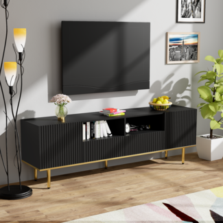 TV-Schrank 165 cm Schwarz mit Gold, Lowboard Sideboard Wohnzimmerschrank, 2 Schubladen, 2 offene Fächer