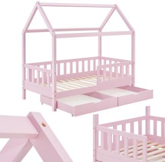 Juskys Kinderbett Marli 80x160 cm mit Bettkasten 2-teilig, Rausfallschutz, Lattenrost & Dach - Massivholz Hausbett für Kinder - Bett in Rosa