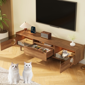TV-Schrank mit LED-Beleuchtung, haustierfreundlicher Medienschrank mit Katzenöffnungen, Nussbaum-Design mit Glastüren