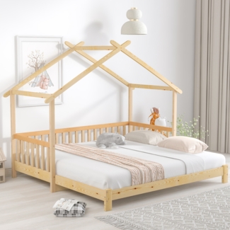 Merax Erweiterbares Baumhausbett, Hausbett, Kinderbett, Tagesbett, Einzel- und Doppelbett, reines Massivholz, natur (200x90cm)
