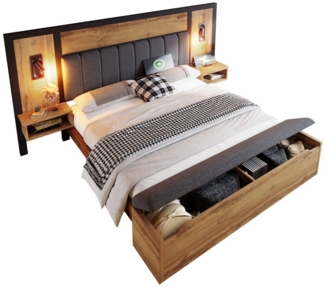 OKWISH Massivholzbett mit Bettgestell Lattenrost aus holz (Struraumbett, Doppelbett, Funktionsbett, 1-tlg, 180×200cm, ohne Matratze), mit Leselampe und USB/Type-C Nachttisch und Sitzbank mit Stauraum