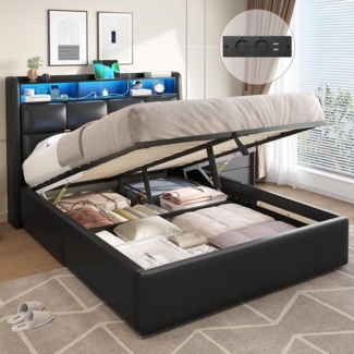 MSMASK Polsterbett mit LED Beleuchtung und Steckdosenleiste