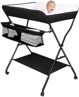 OHMG Baby Wickelkombi Klappbare Wickelkommode,Wickeltisch mit Rollen,Mobiler Wickeltisch mit Wickelauflage,Sicherheitsgurt und Ablagefächern,Wasserdicht und Höhenverstellbar,Stabil