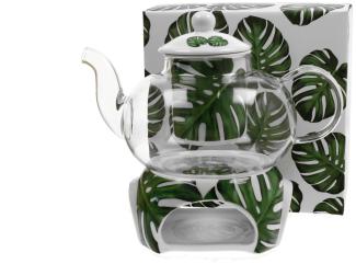 DUO FLORAL 30464 Teekanne 1000 ml mit Teesieb MONSTERA mit Teesieb, Glas - New Bone China Porzellan