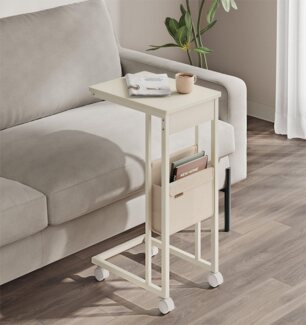 Vasagle Beistelltisch, Sofatisch, C-Form, Couchtisch für kleine Räume, mit Aufbewahrungstasche aus Stoff, verstellbaren Füßen und drehbaren Rollen, Wohnzimmer, cremeweiß