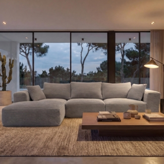 Sofa-Garnitur HWC-P20, 3-Sitzer Couch Loungesofa, Stoff/Textil Cord (370 g/m²) Liegefläche links ~ hellgrau