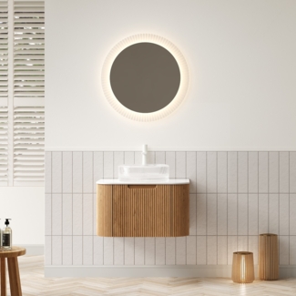 Badezimmer-Waschtisch, Hängende mit Transparentes Rundes Glasbecken Weiße Arbeitsplatte Gebogene Kanten Gestreifter Sperrholzschrank mit Schublade Vormontiert, Sperrholz/Glas, Natürliche Holzmaserung, 61cm
