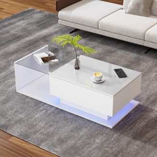 HAUSS SPOLE Couchtisch Hochglanz mit Glasplatte und Schubladen, LED-Beleuchtung, weiß (mit 1 Schublade,100 x 50 x 32 cm), mit Glasplatte und Schubladen, kratzfest