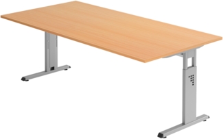 bümö höhenverstellbarer Schreibtisch O-Serie 200x100 cm in Buche, Gestell in Silber - großer PC Tisch für's Büro manuell höhenverstellbar, Computertisch verstellbar, OS-2E-6-S