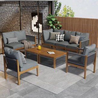 Merax Gartenlounge-Set für 7 Personen, (6-tlg, 1 3-Sitzer Sofa, 1 2-Sitzer Bank, 2 Stühle, 2 Couchtische), Gartenmöbel Set aus Akazie, Balkonset Seil Rope Lounge, Sitzgruppe