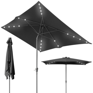 Clanmacy Sonnenschirm Rechteckig LED Solar Gartenschirm 3x2 m Sonnenschutz mit kurbel Grau, LxB: 300x200 cm, Stabiler knickbar/für Garten, Balkon, Terasse/Sonnenschutz