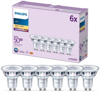 Philips LED Classic GU10 Lampen 6-er Pack (50 W), Reflektor LED Spots mit warmweißem Licht, energiesparende Lampen mit langer Nutzlebensdauer