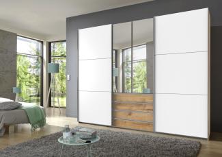 Schwebetürenschrank >MAGIC< in PLANKENEICHE + WEISS - 300x236x65cm (BxHxT)