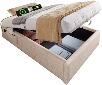 Polsterbett mit Bettkasten 90x200 cm, Leinen, hydraulisch, integrierter Massivholz‑Bettboden, USB/Type‑C, Natur und Beige