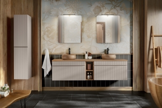 ICONIC Badmöbel-Set 180 cm mit einer Waschtischplatte, 2 Wiki-Aufsatzwaschbecken, einem Hochschrank und 2 Spiegeln (46x180cm), Kaschmir matt,Eichenküste Evoke