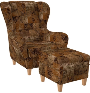 Supellex Ohrensessel Sofia Relaxsessel mit Hocker Patchwork Ornamente, bronze, braun