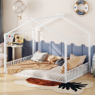 TavilaEcon Kinderbett Eisenrahmenbett, Polsterbett mit Hausleiste, ohne Matratze, aus Metallrahmen und MDF-Material, 140×200cm, Weiß