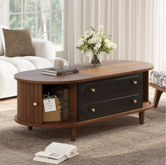 Merax Couchtisch Sofatisch Retro Beistelltisch in Walnussholzoptik (1-St), Wohnzimmertisch mit Rolltüren, 2 Schubladen & Stauraum, 100 x 50 x 36 cm