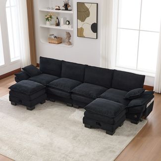 Flieks 4-Sitzer-Sofa mit 2x Hocker, USB-C-Anschluss & Seitentaschen, Dicke Kissen, Corduroy, Schwarz