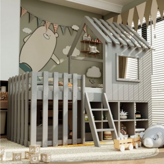 Flieks Hochbett Kinderbett Hausbett 90x200cm mit Dach, Fenster und offenem Stauraum